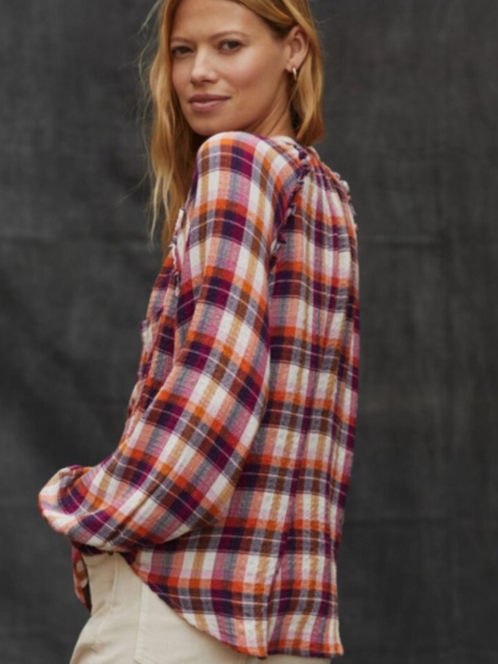 Anthropologie Pilcro Breezy Plaid Button Up Blouse Top Purple Orange Size XL - Picture 7 of 12
